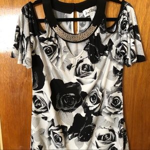 Joseph Ribkoff Top Rose Print & Peep Shoulders